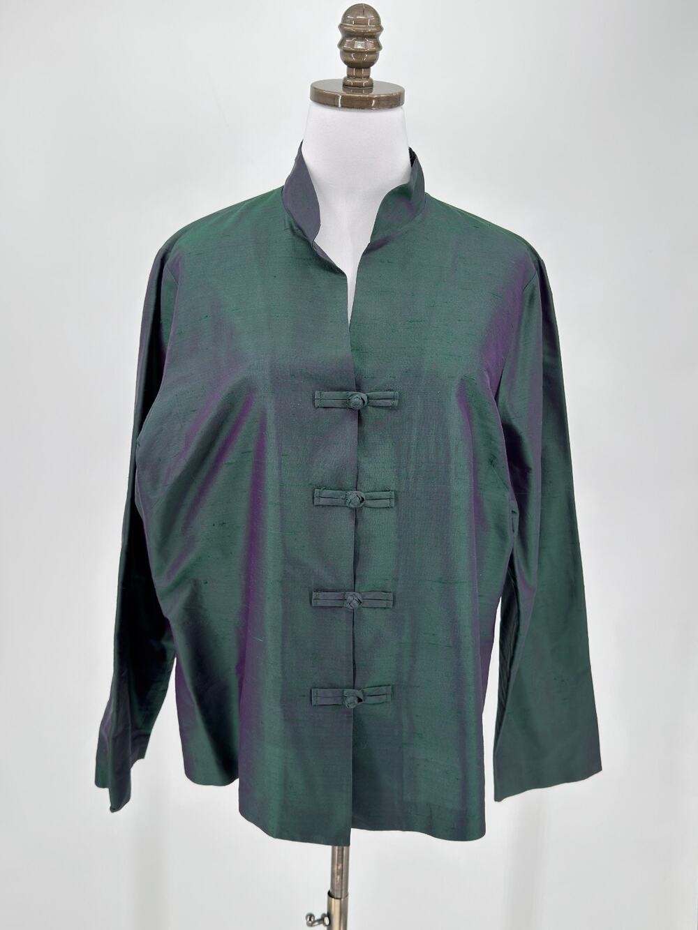 Harari Iridescent Olive Green Silk Mandarin Collar Button Up Kimono Jacket Sz XL